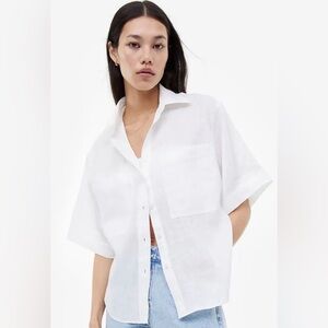 H&M Oversized Pure Linen Button Down SS Shirt Chest Pockets White Women's L